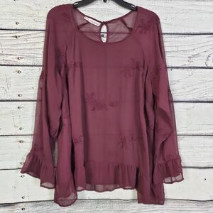 Maurices Women’s Sheer Burgundy Long Sleeve Blouse Size 1 1x Ruffle Hem